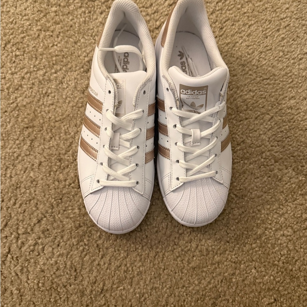 adidas White Sneakers with Metallic Copper Stripes